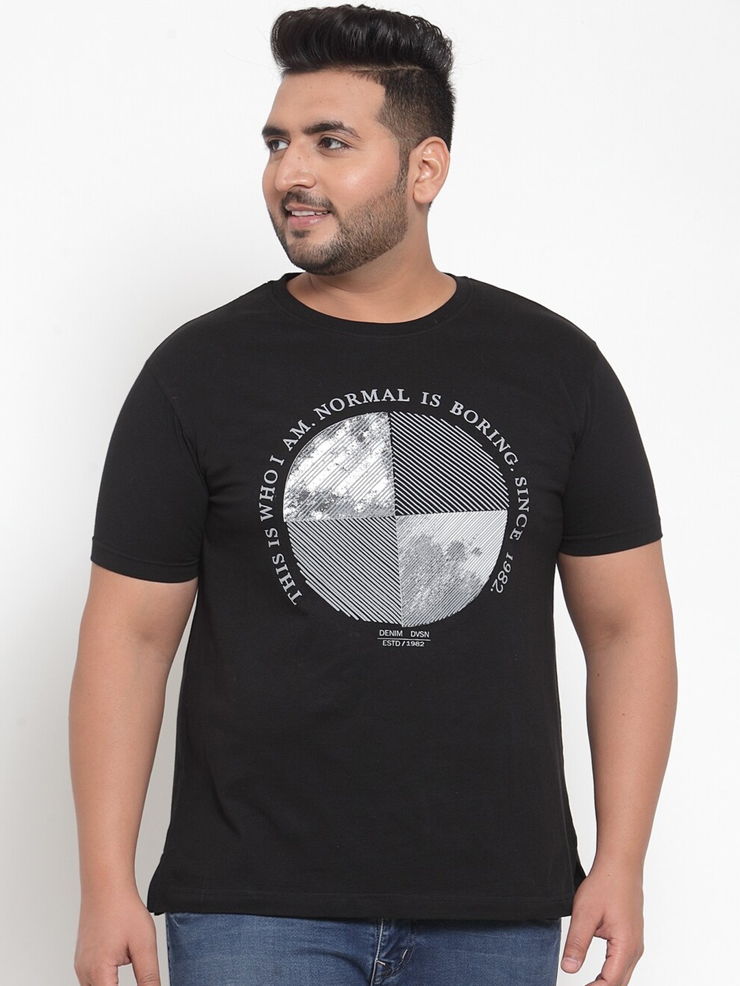 

plusS Men Black Printed Pure Cotton T-shirt