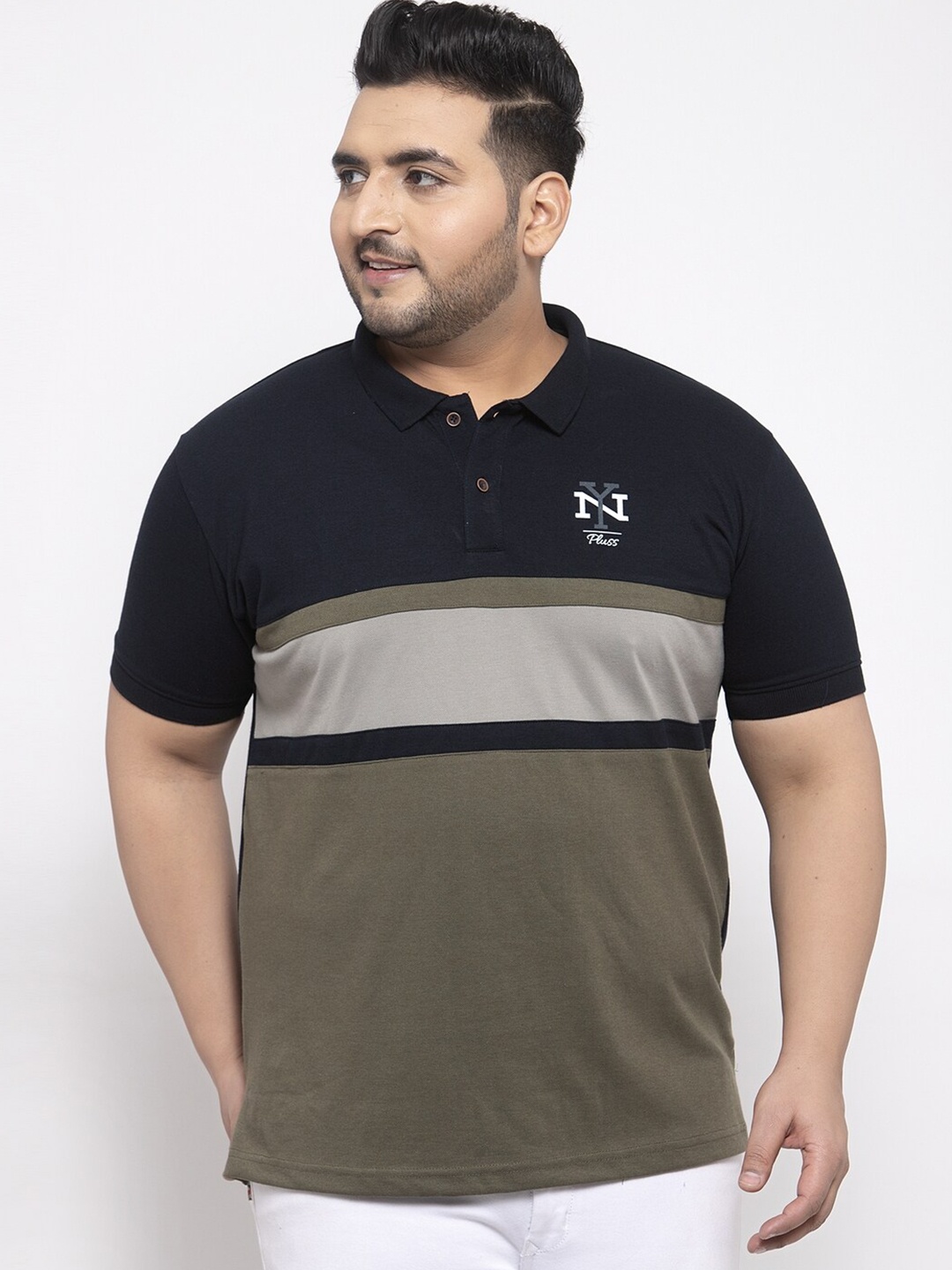 

plusS Men Navy Blue & Grey Cotton Colourblocked Polo Collar T-shirt