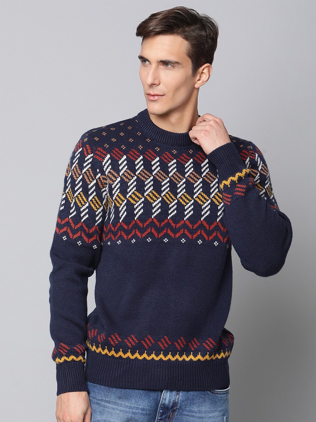 

BEN SHERMAN Men Navy Blue & White Printed Pullover