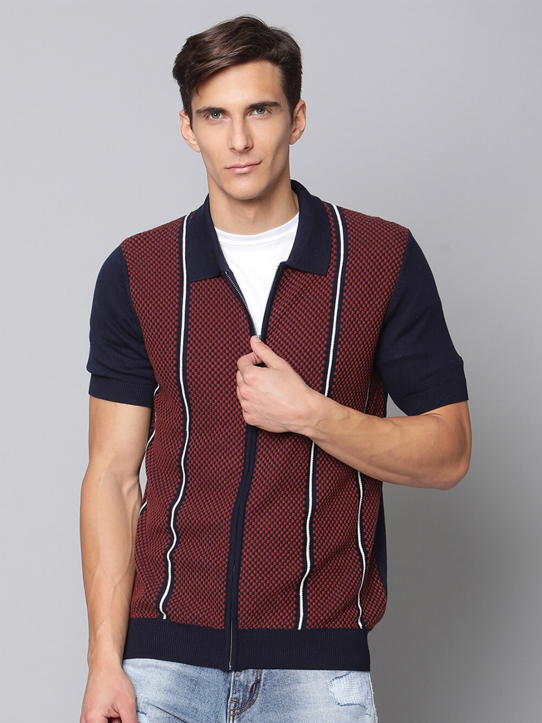 

BEN SHERMAN Men Navy Blue & Maroon Striped Polo Collar T-shirt