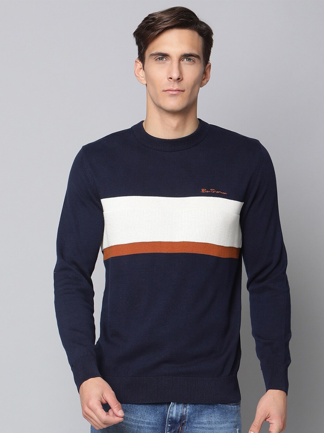 

BEN SHERMAN Men Navy Blue & White Pure Cotton Striped Pullover