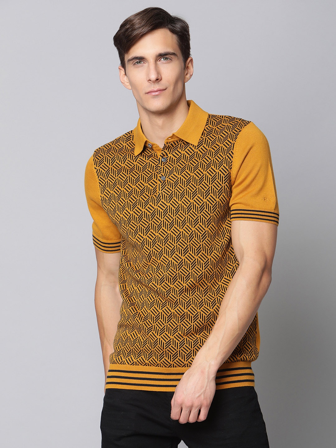 

BEN SHERMAN Men Mustard Yellow & Black Printed Pure Cotton Polo Collar T-shirt