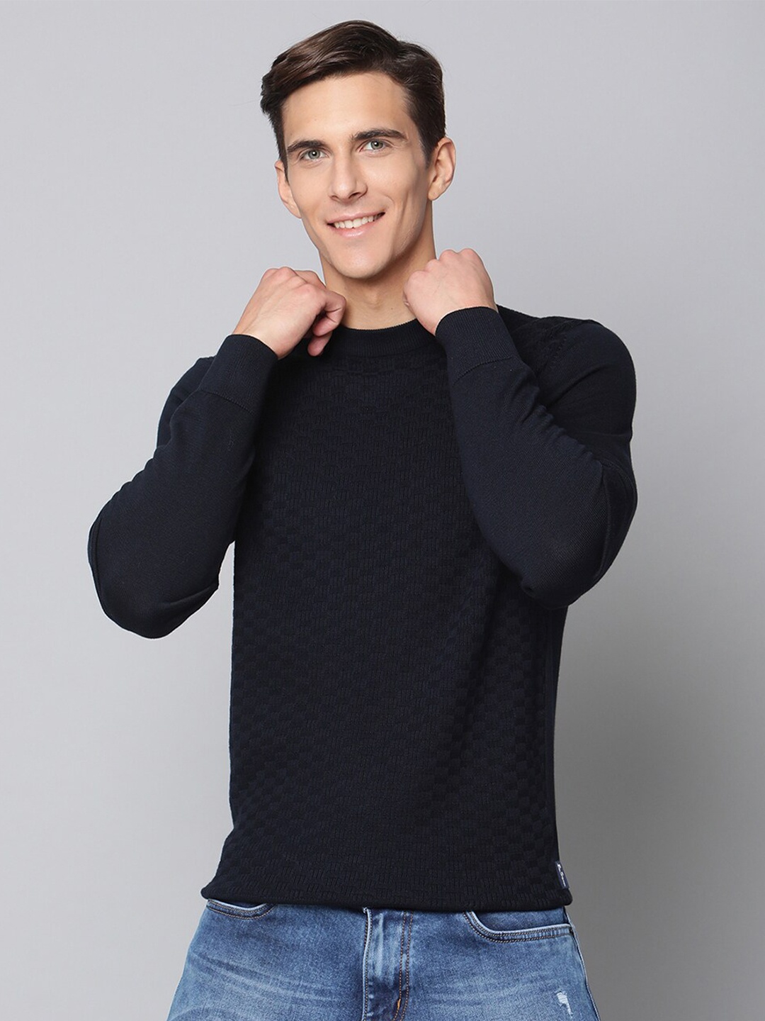 

BEN SHERMAN Men Navy Blue Solid Pullover