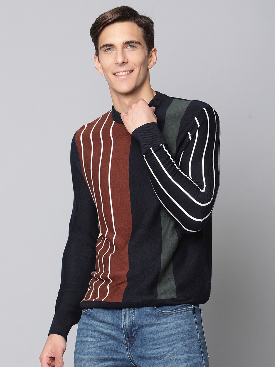 

BEN SHERMAN Men Navy Blue & Brown Striped Pure Cotton Pullover