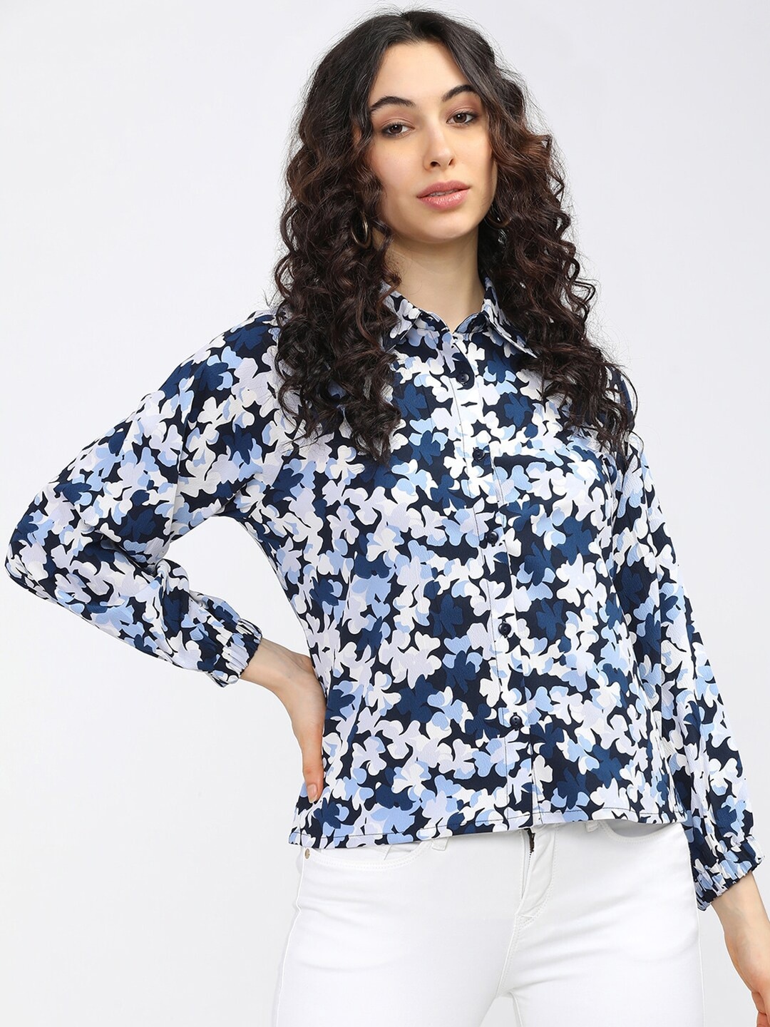 

Tokyo Talkies Blue Floral Print Shirt Style Top