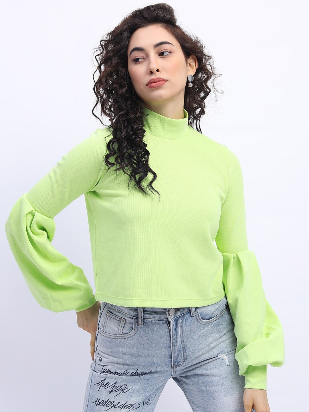 Tokyo Talkies Green Bishop Sleeves Crop Top