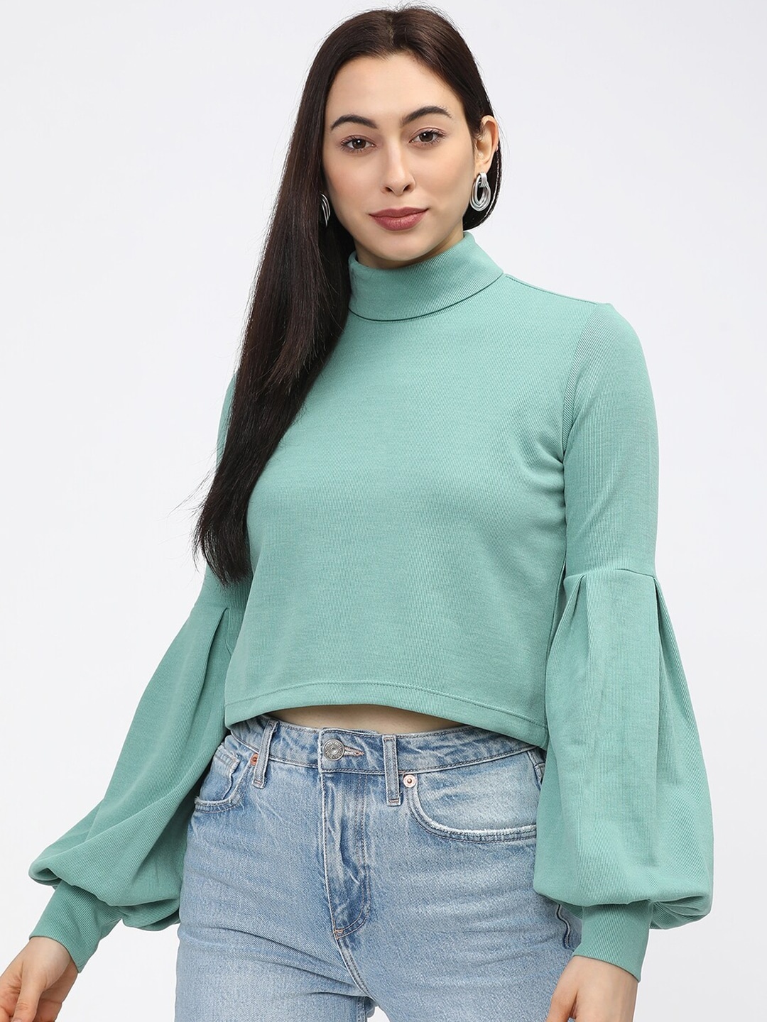

Tokyo Talkies Teal Bishop Sleeves Crop Top