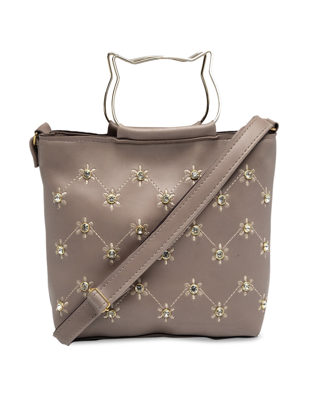 

borse lele Tan Embellished PU Structured Handheld Bag