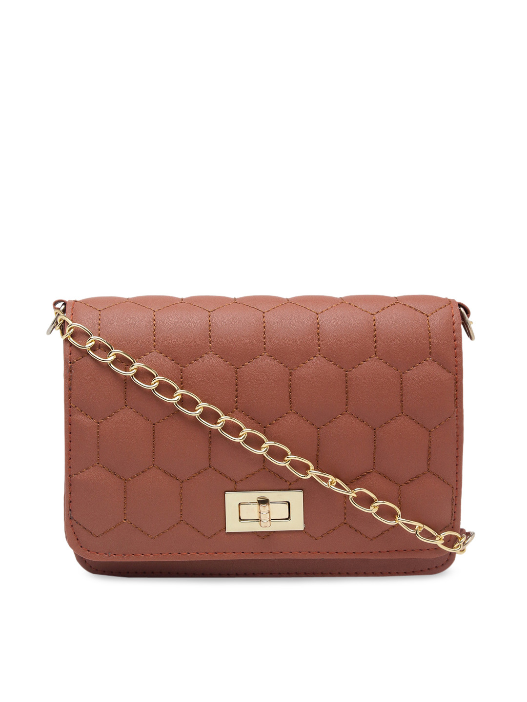 

borse lele Brown Geometric Textured PU Bowling Sling Bag with Quilted