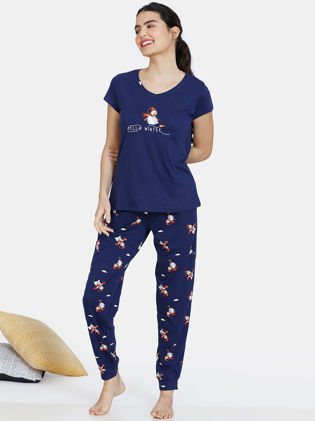 

Zivame Women Blue & White Printed Pure Cotton Night suit