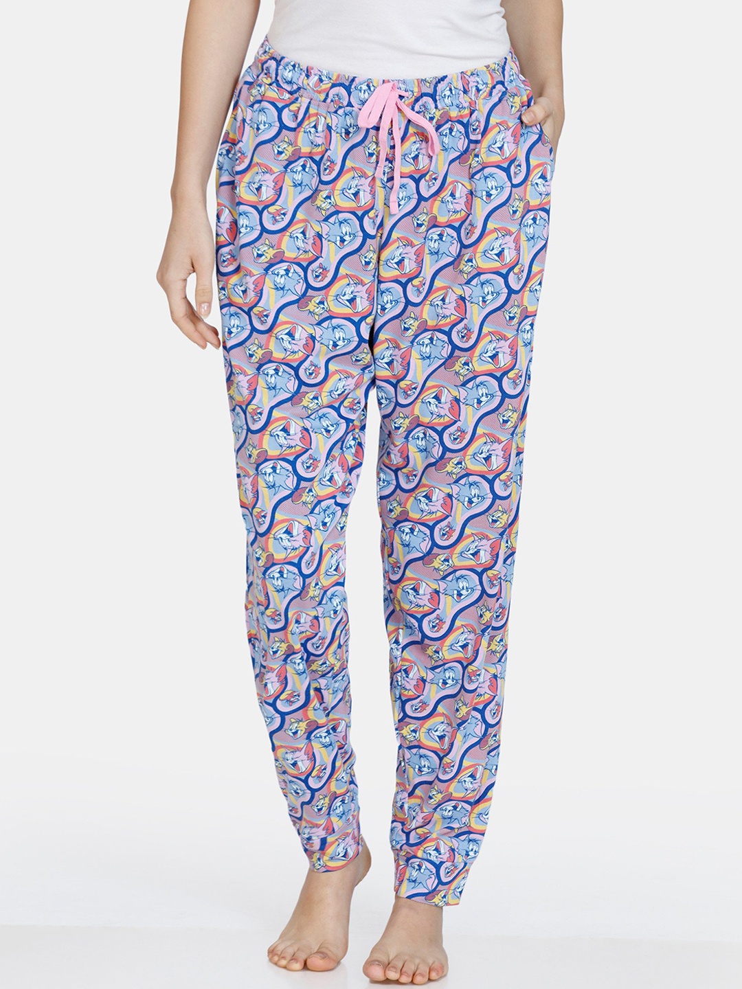 

Zivame Women Blue Tom & Jerry Printed Knitted Cotton Lounge Pants