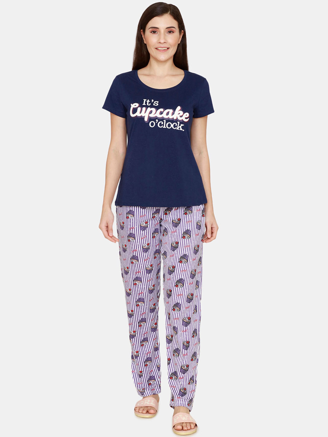 

Zivame Women Pink & Navy Blue Printed Pure Cotton Night Suit