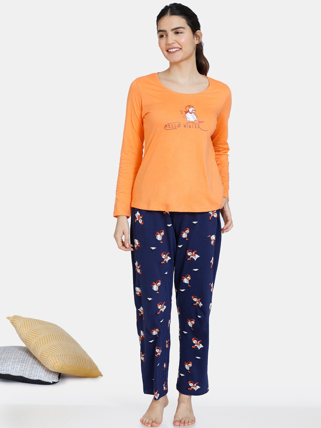

Zivame Women Blue & Orange Printed Pure Cotton Night Suit