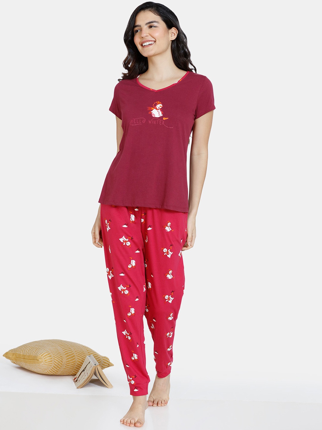 

Zivame Women Red & Maroon Pure Cotton Night suit