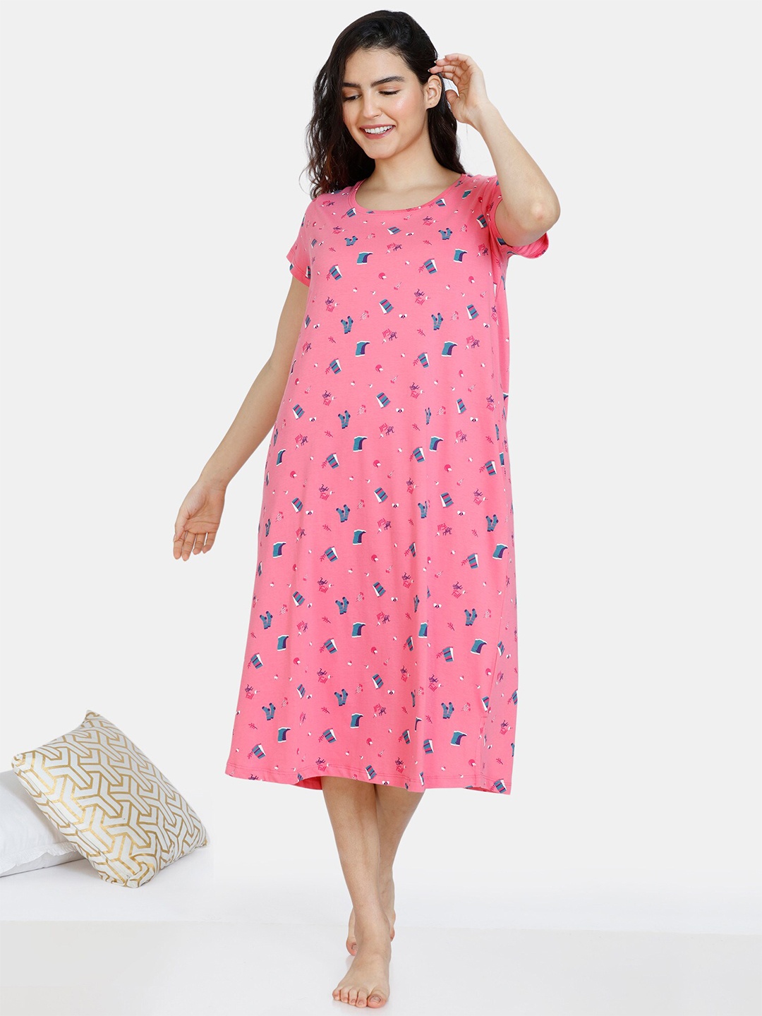 

Zivame Pink Printed Pure Cotton Nightdress