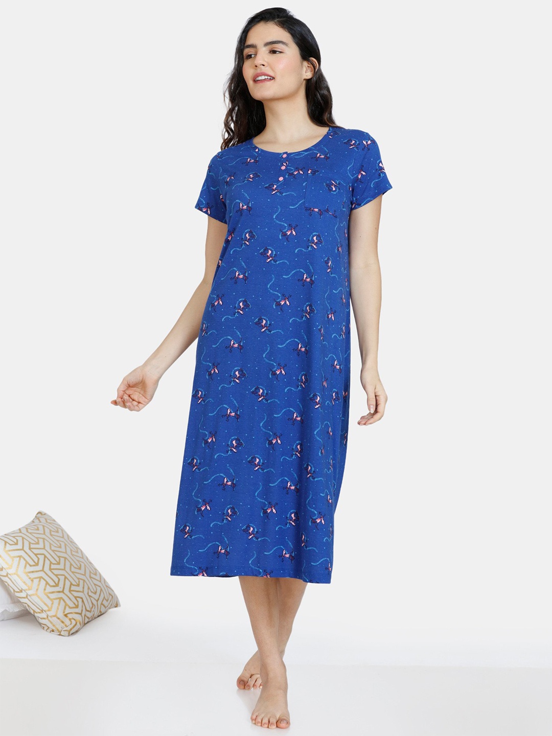 

Zivame Blue Printed Pure Cotton Nightdress