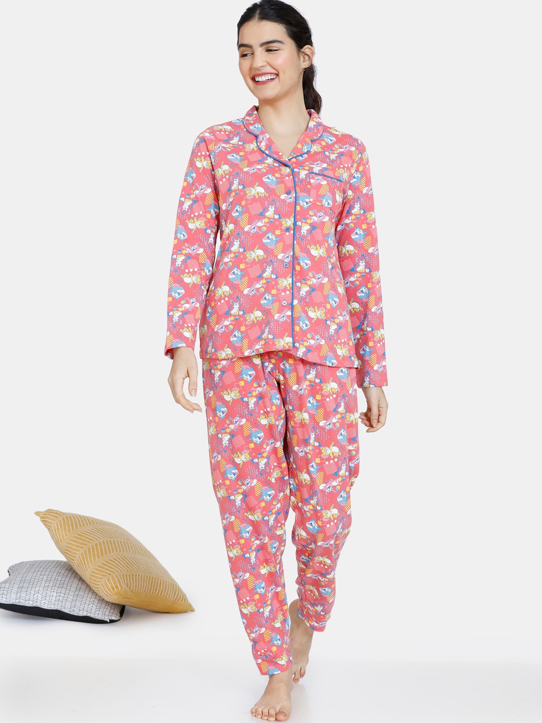

Zivame Women Pink & Blue Tom & Jerry Printed Night suit