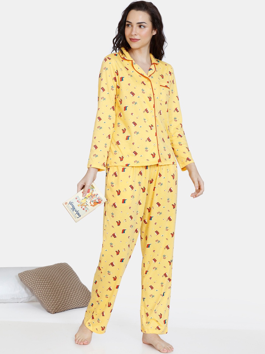 

Zivame Women Yellow & Maroon Printed Pure Cotton Night suit