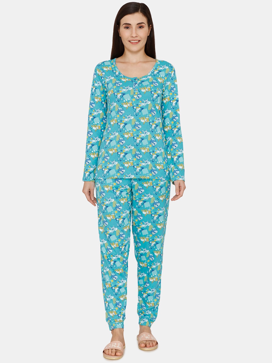 

Zivame Women Blue & Yellow Tom & Jerry Printed Pure Cotton Night suit