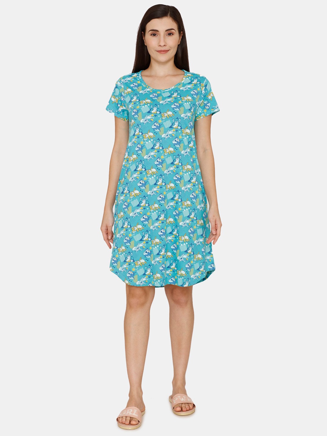 

Zivame Turquoise Blue Tom & Jerry Printed Pure Cotton Nightdress