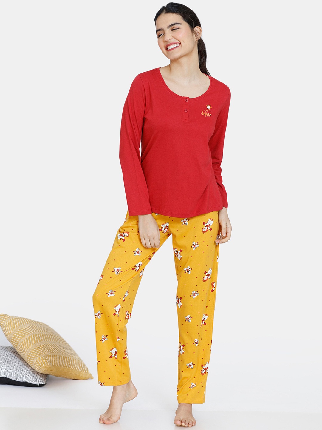 

Zivame Women Yellow & Red Pure Cotton Printed Night Suit