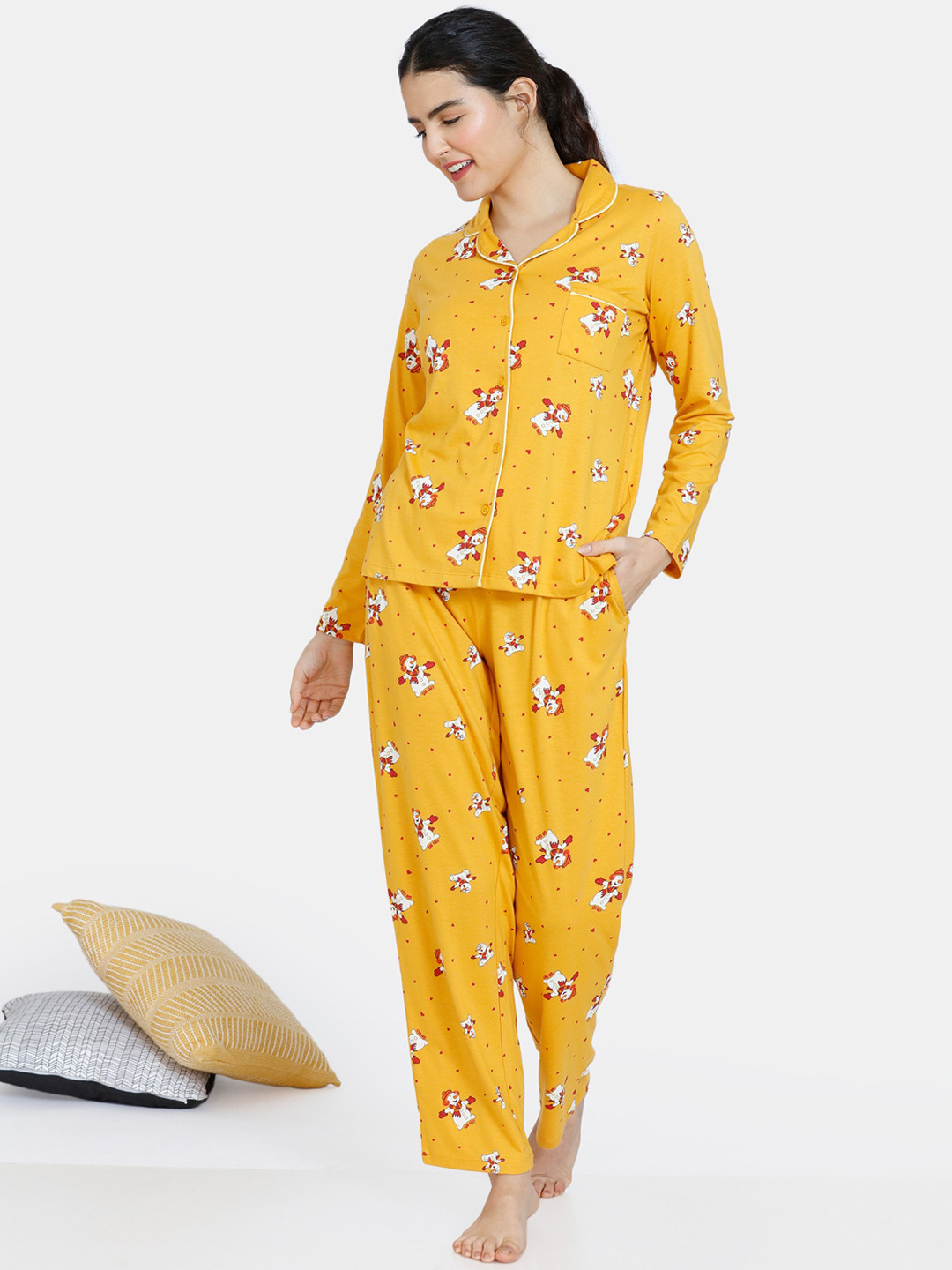 

Zivame Women Yellow & Red Printed Pure Cotton Night suit