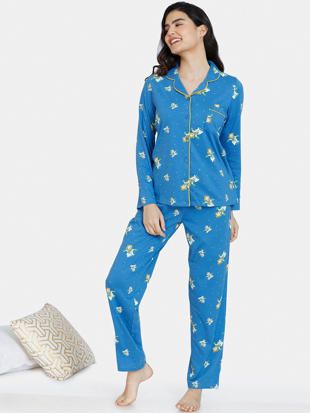 

Zivame Women Blue & Yellow Printed Pure Cotton Night suit