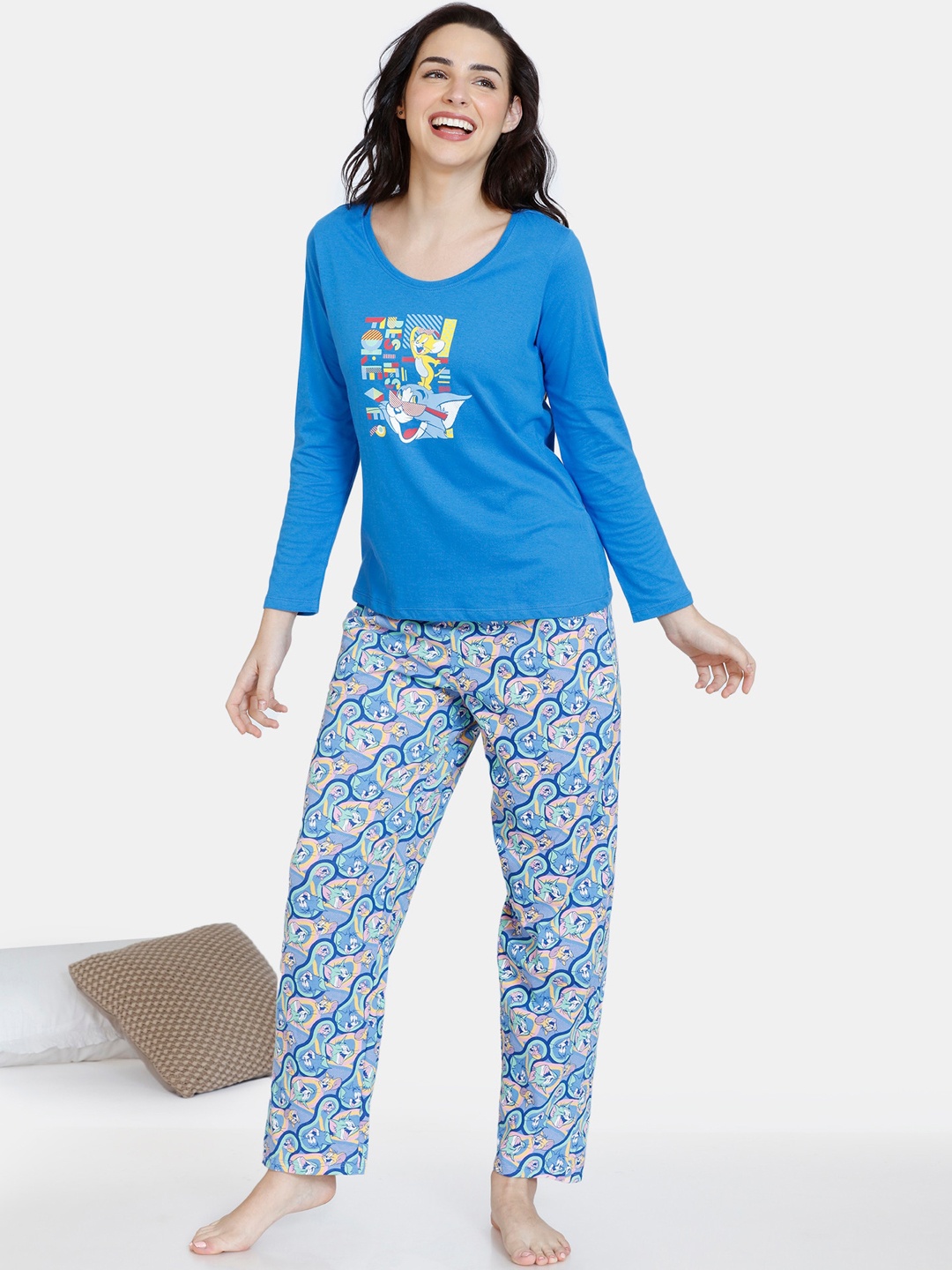 

Zivame Women Blue & Grey Printed Pure Cotton Night suit
