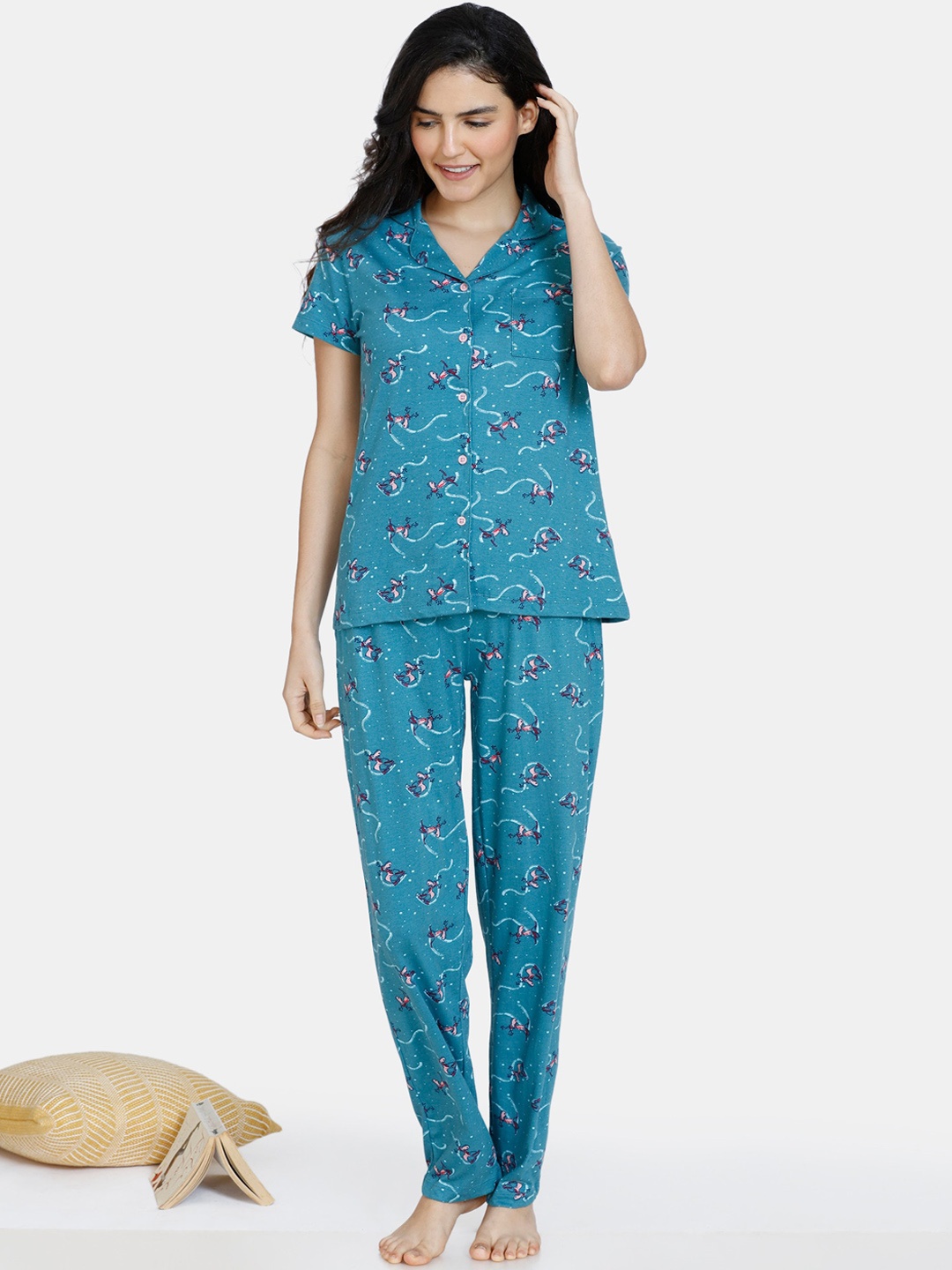 

Zivame Women Blue & Pink Printed Pure Cotton Night suit