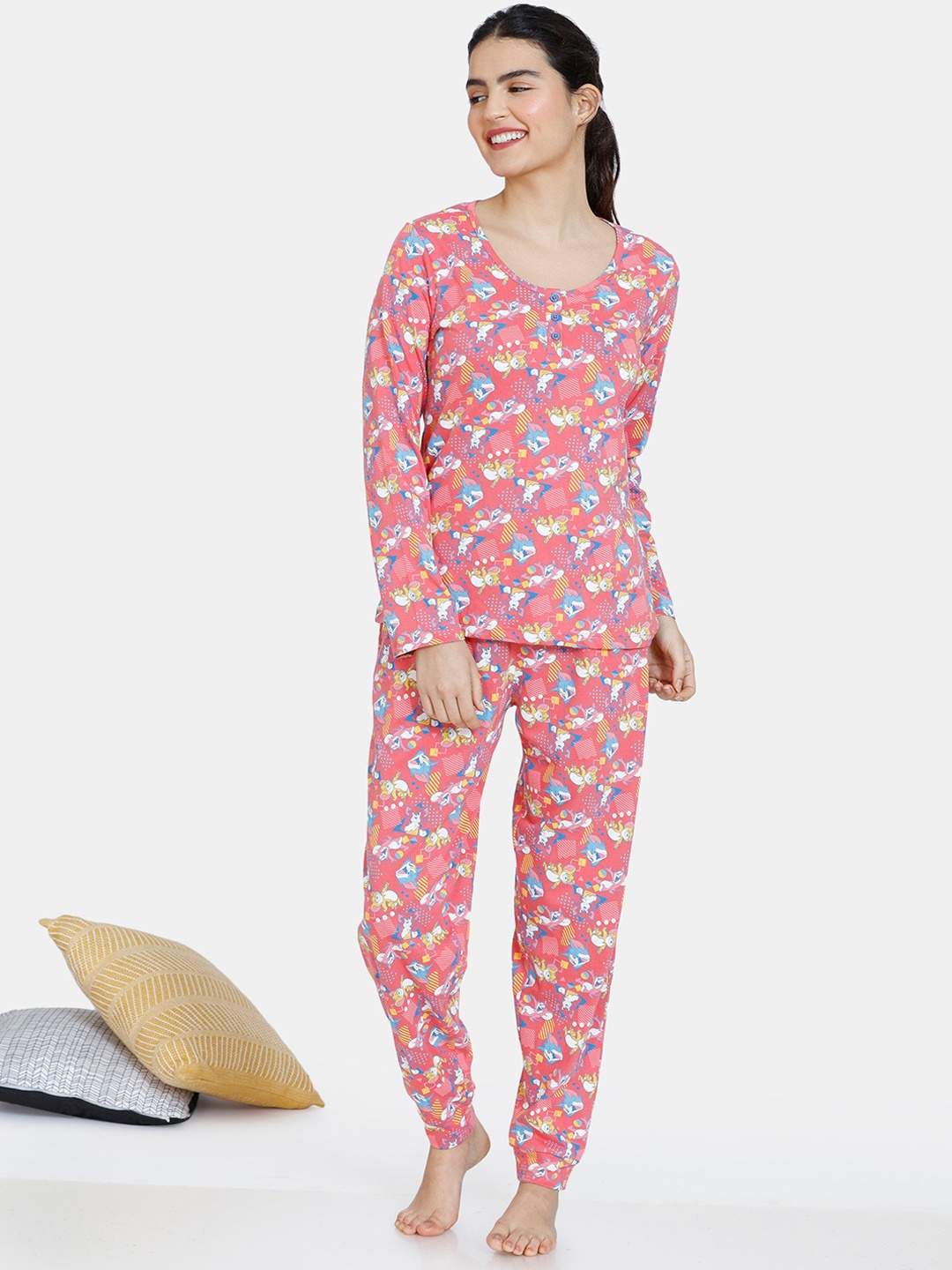 

Zivame Women Pink & Blue Printed Pure Cotton Night suit