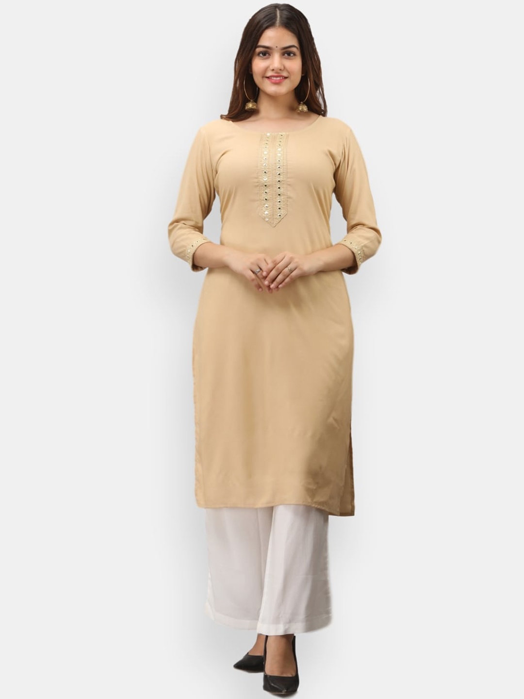 

VEDANA Women Beige Thread Work Kurta