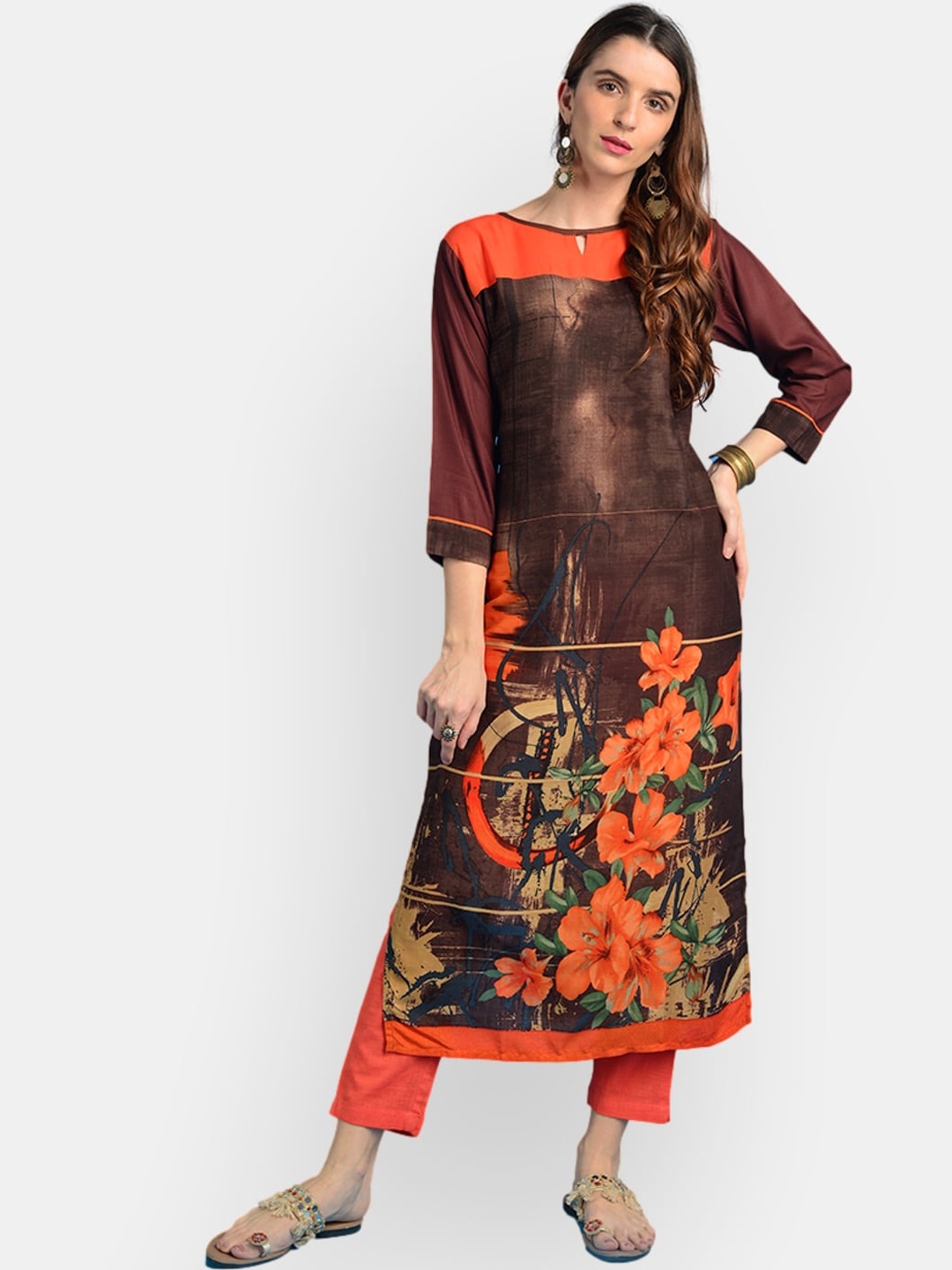 

VEDANA Women Brown & Orange Floral Printed Thread Work Kurta