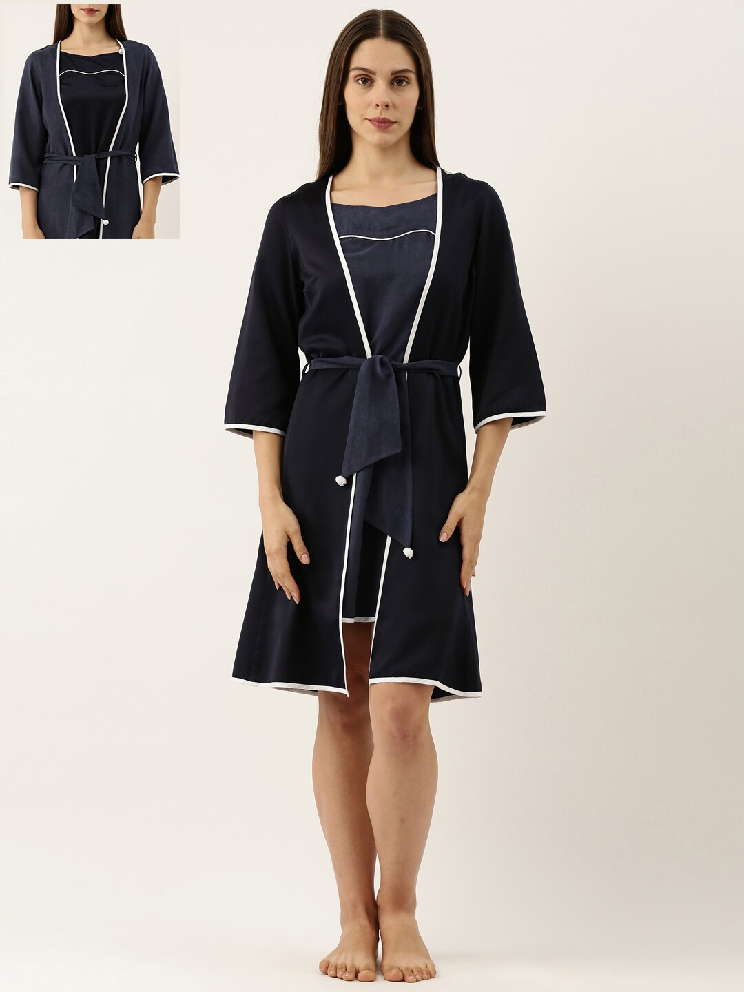 

Bannos Swagger Blue Reversible Solid Rob Set Night Dress