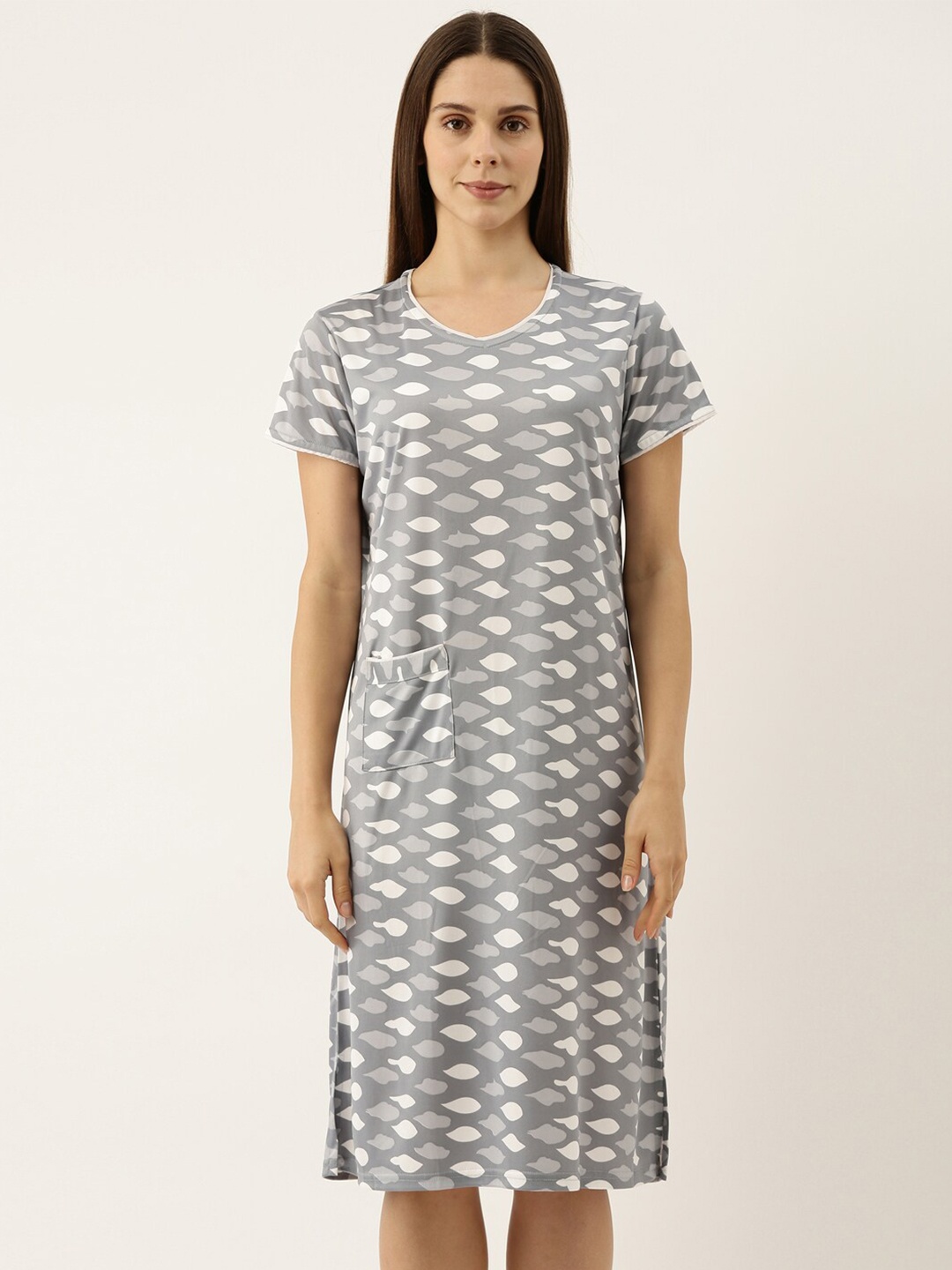 

Bannos Swagger Grey & White Printed Pure Cotton Nightdress