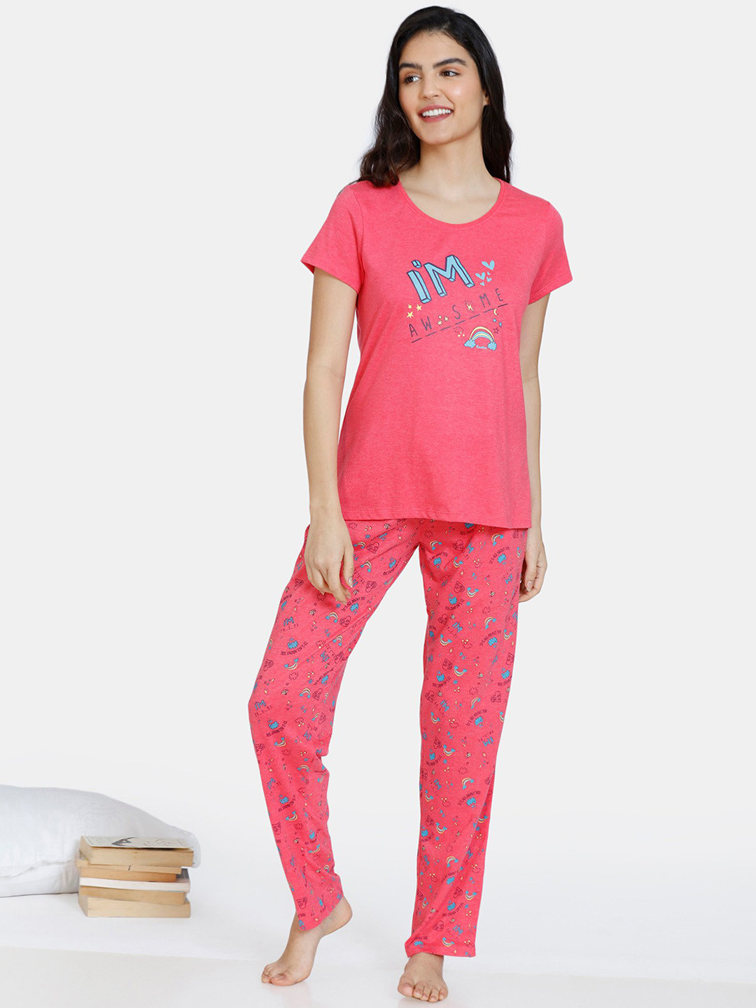 

Rosaline by Zivame Women Red & Blue Printed Night suit