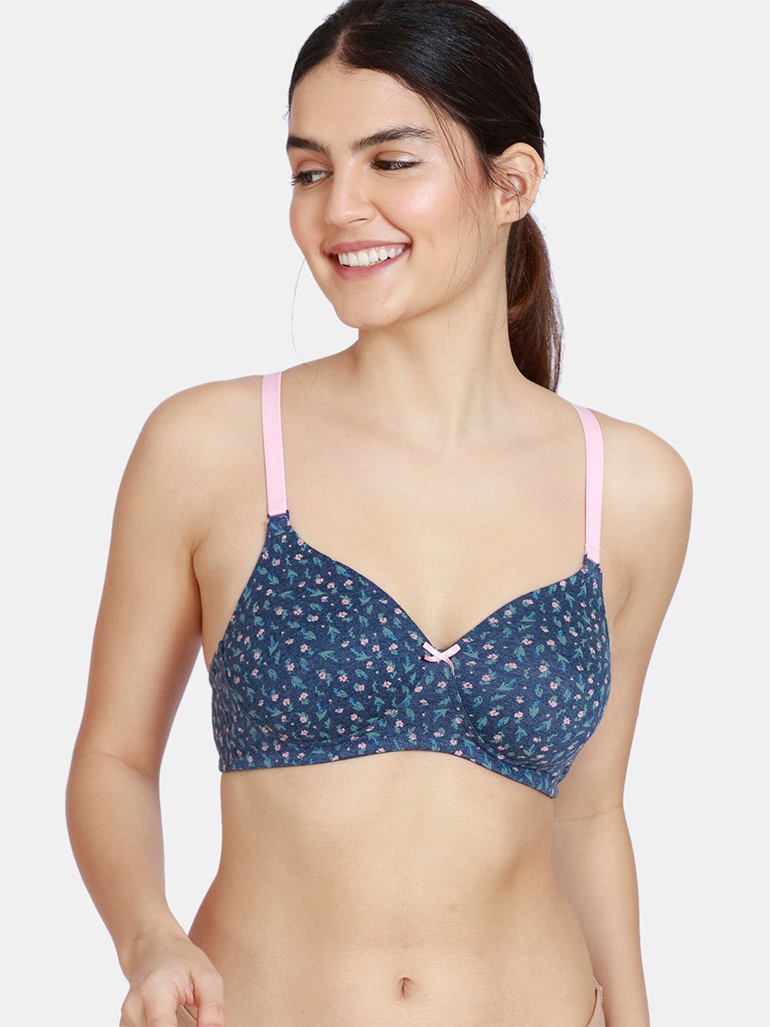 

Rosaline by Zivame Blue & Pink Floral Printed T-shirt Bra - Heavily Padded