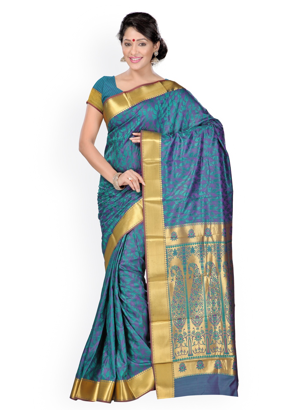 

Varkala Silk Sarees Teal Blue & Purple Kanjeevaram Art Silk Traditional Saree