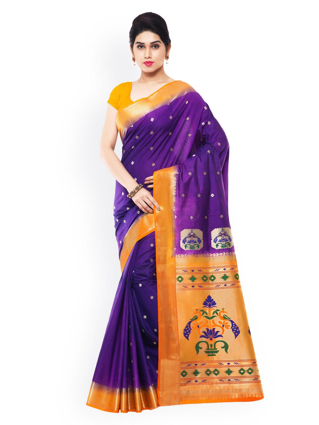 

Varkala Silk Sarees Purple & Orange Paithani Art Silk Traditional Saree