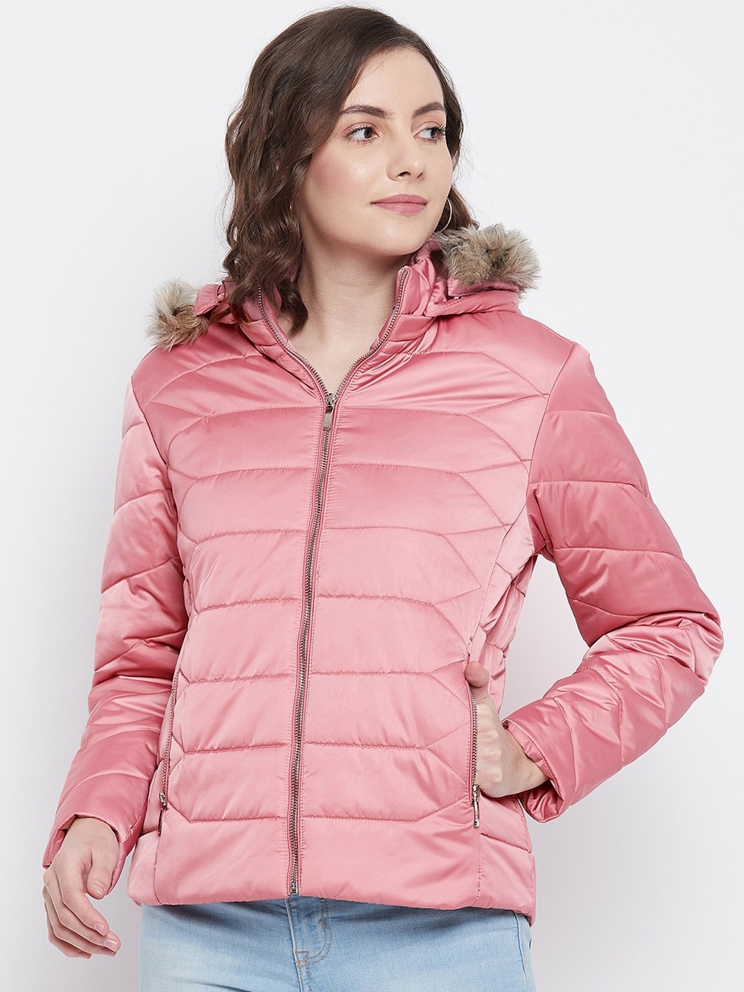 

Octave Women Peach-Coloured Striped Parka Jacket