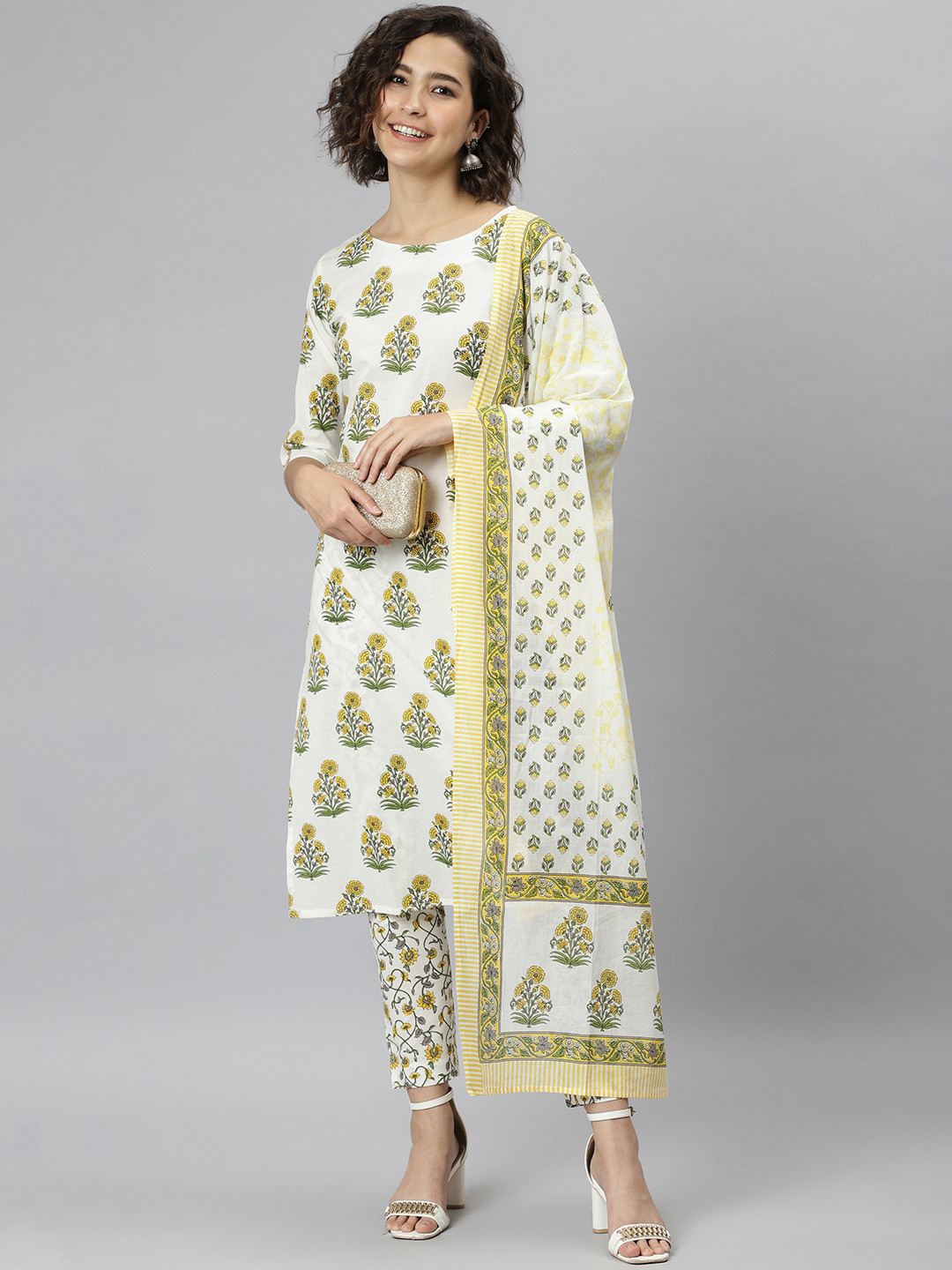 

Janasya Women Off-White & Yellow Ethnic Printed Pure Cotton Kurta with Trousers & Dupatta