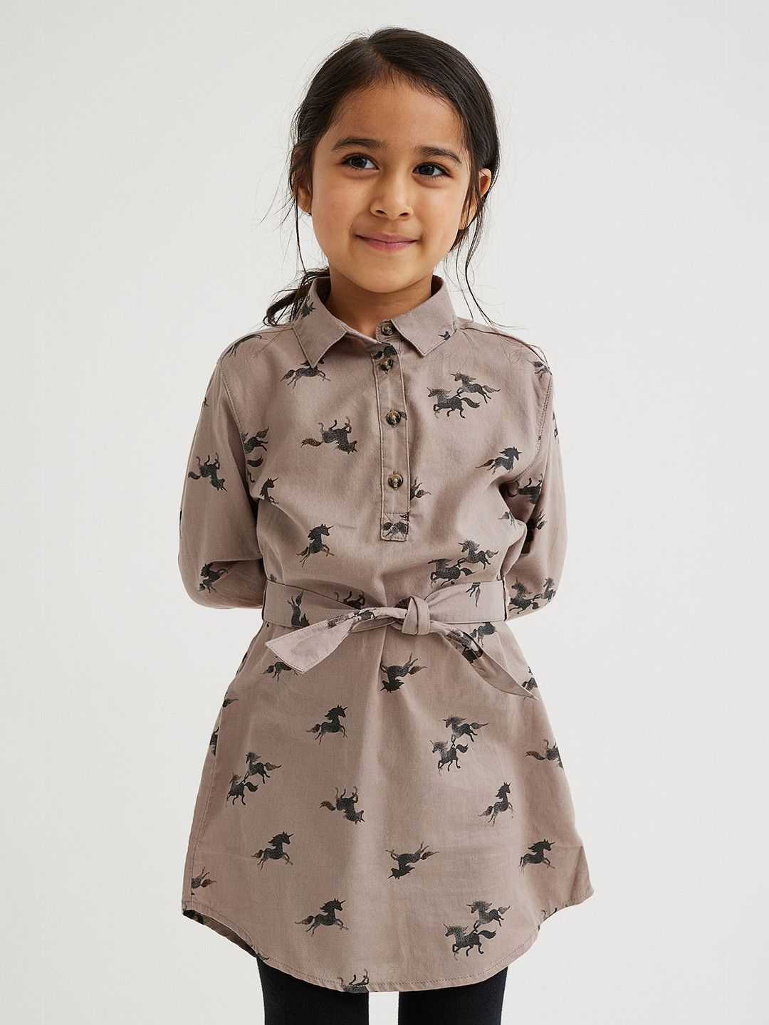 

H&M Girls Beige & Black Horse Print Belted Shirt Dress