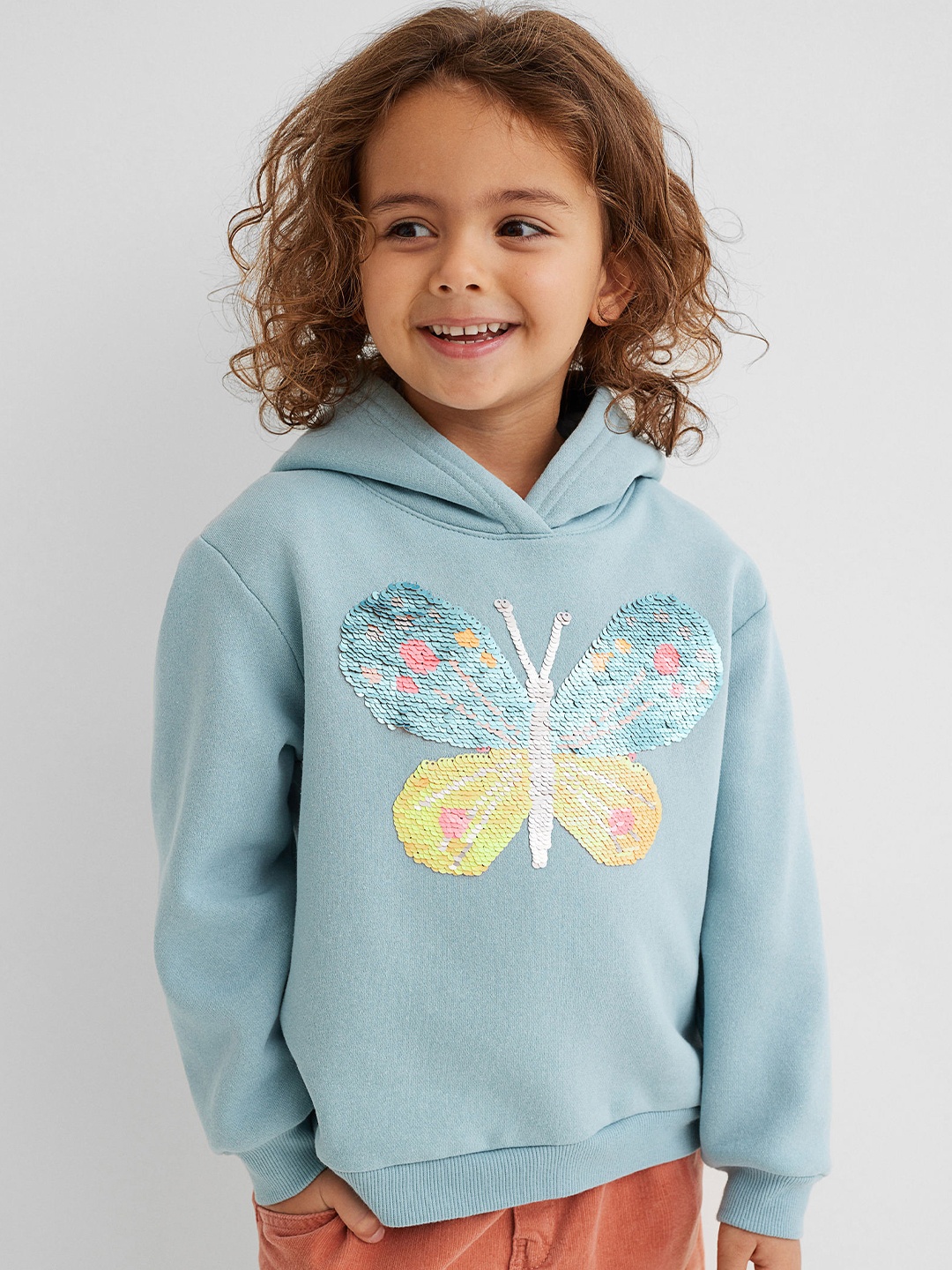 

H&M Girls Turquoise Blue Sequinned Motif-Detail Hoodie