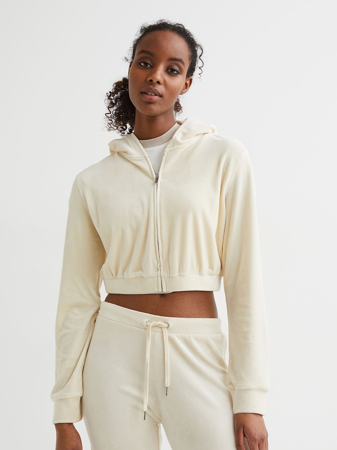 

H&M Women White Cropped Velour Zip-Though Hoodie