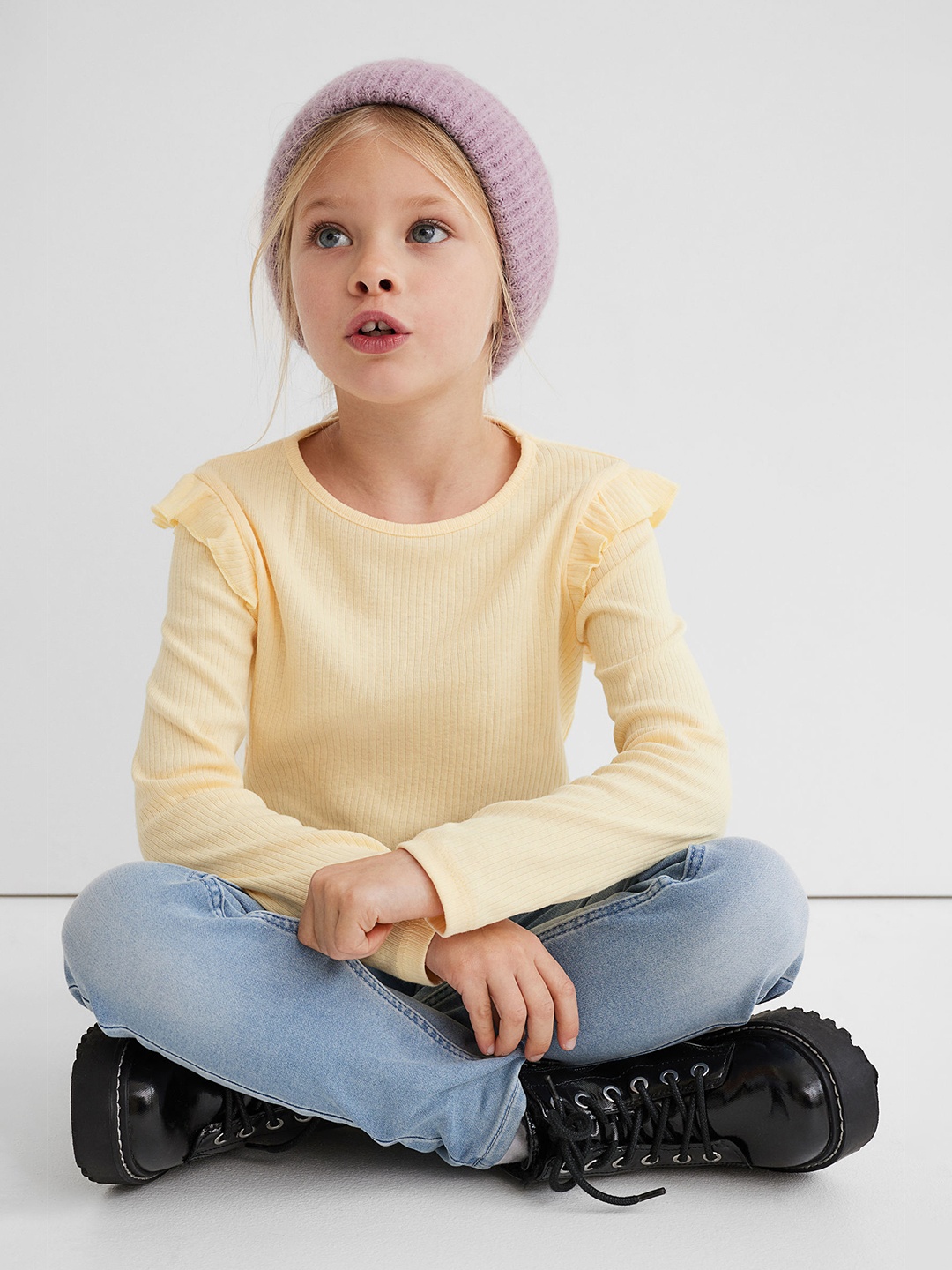 

H&M Girls Yellow Flounce-Trimmed Ribbed Top
