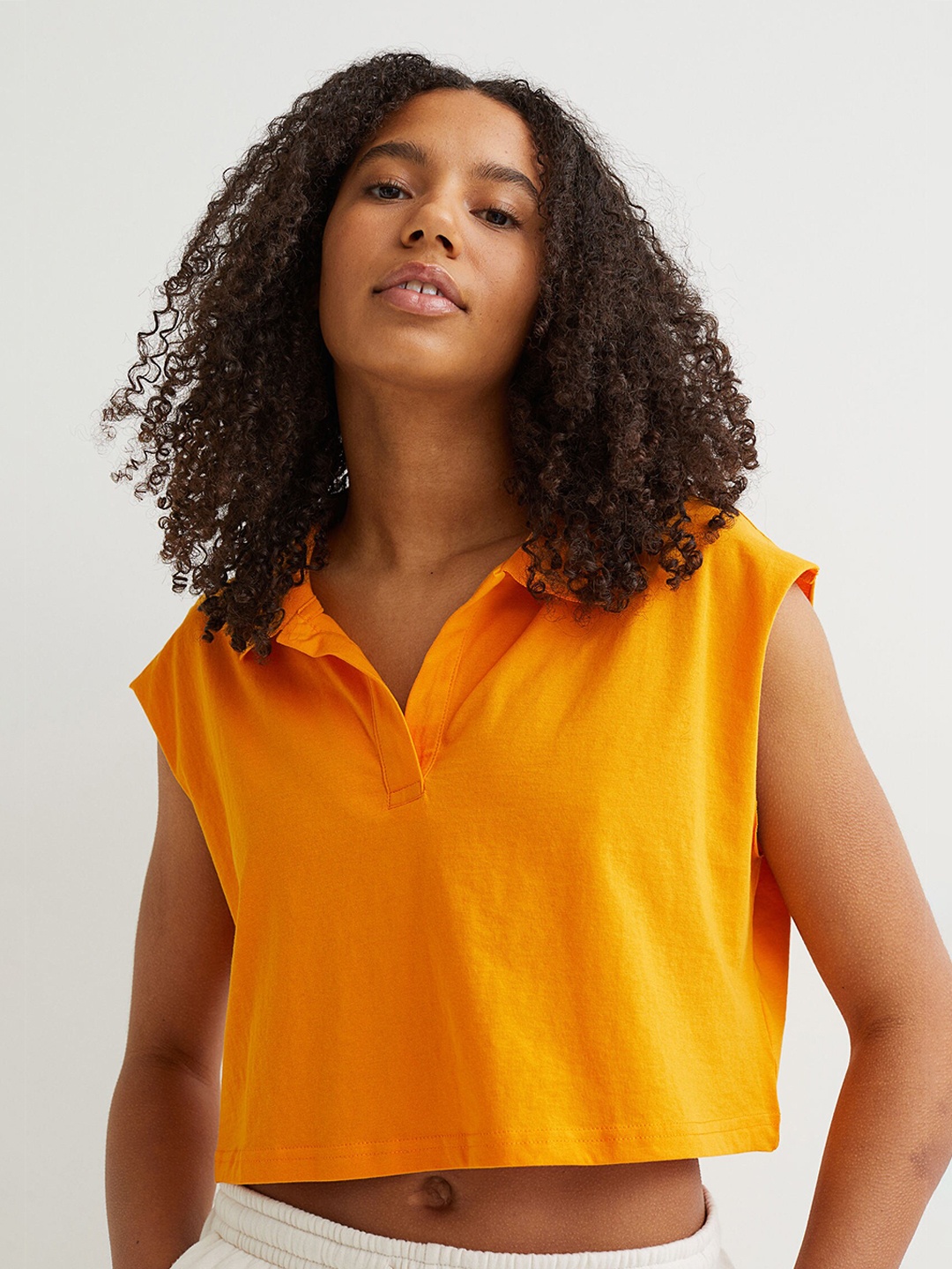 

H&M Women Orange Cropped Collared Top
