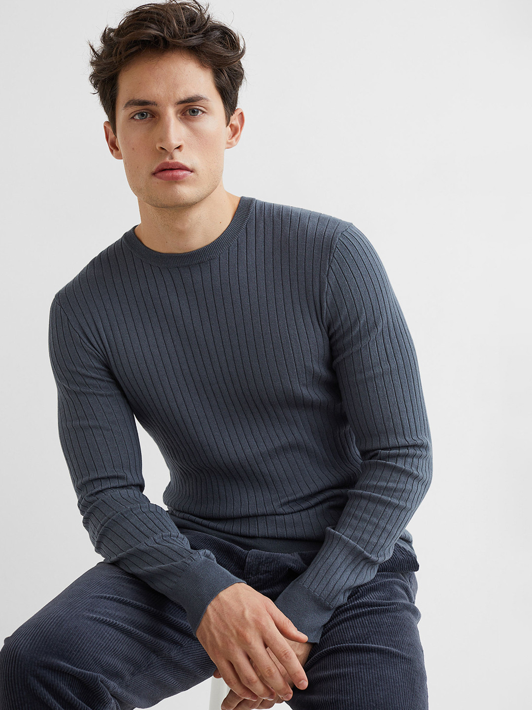 

H&M Men Grey Ribbed Muscle Fit Fine-Knit Jumper