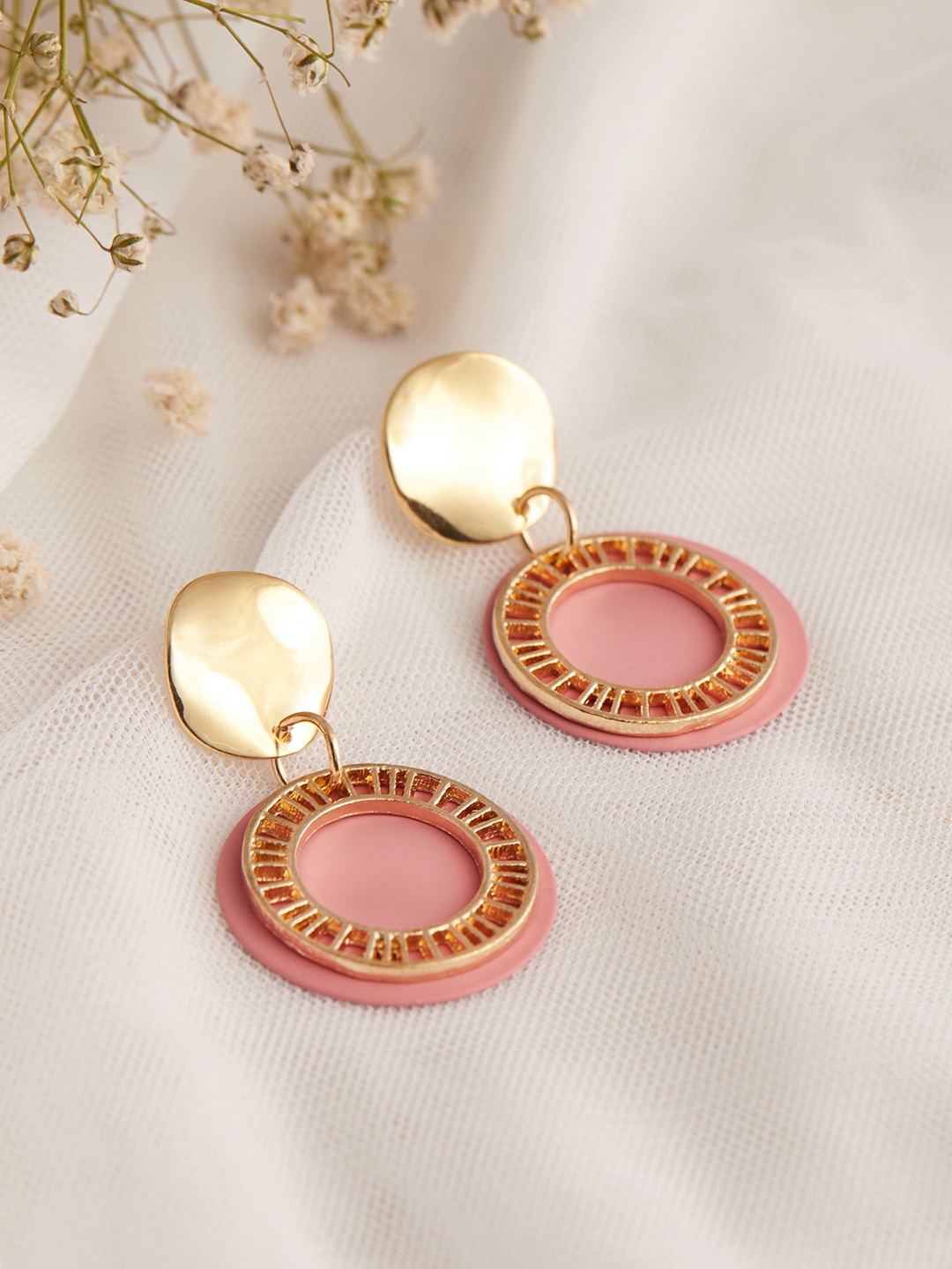 

TOKYO TALKIES X rubans FASHION ACCESSORIES Gold-Toned & Pink Circular Drop Earrings