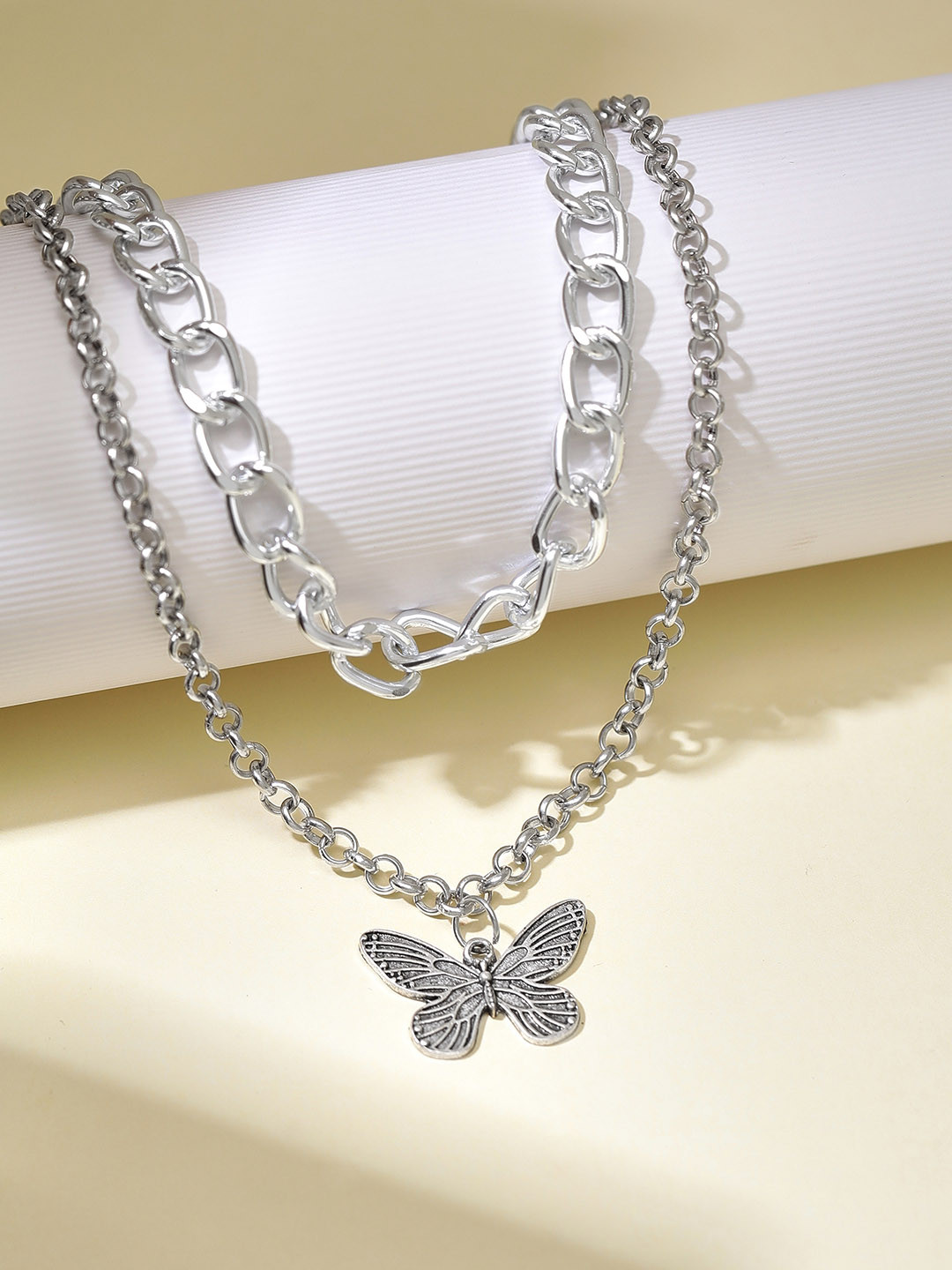 

TOKYO TALKIES X rubans FASHION ACCESSORIES Silver-Toned Butterfly Pendent Layered Necklace