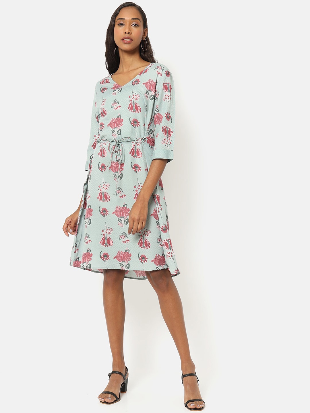 

Saaki Sea Green & Pink Floral A-Line Dress