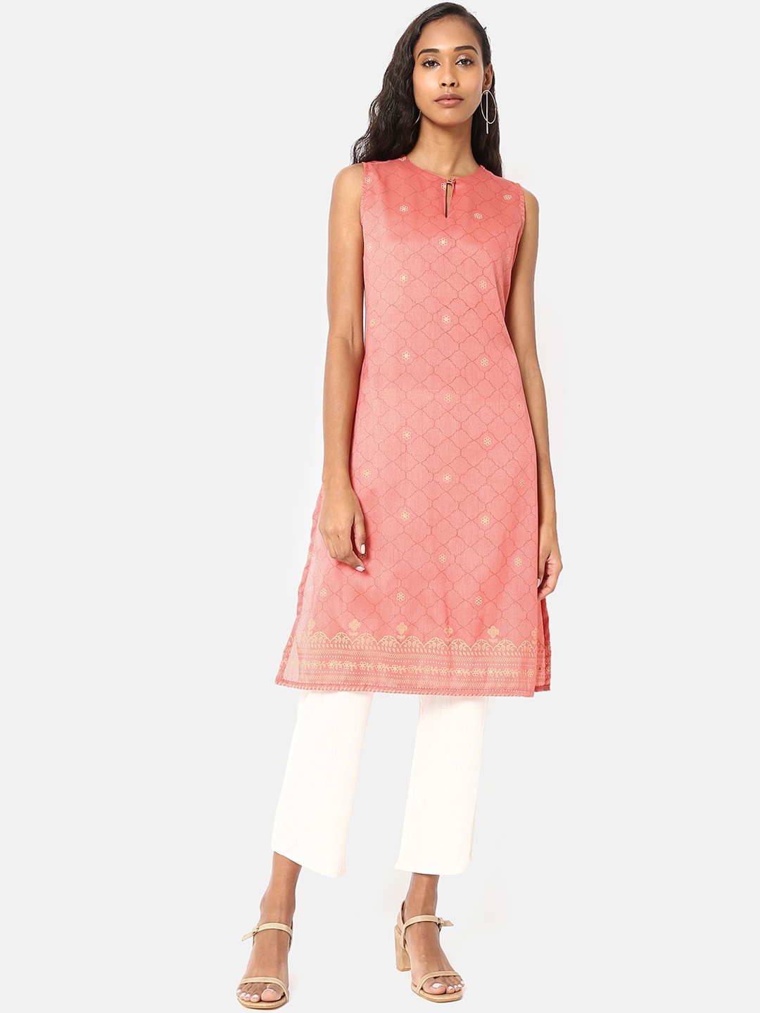 

Saaki Women Pink & Beige Ethnic Motifs Embellished Keyhole Neck Kurta